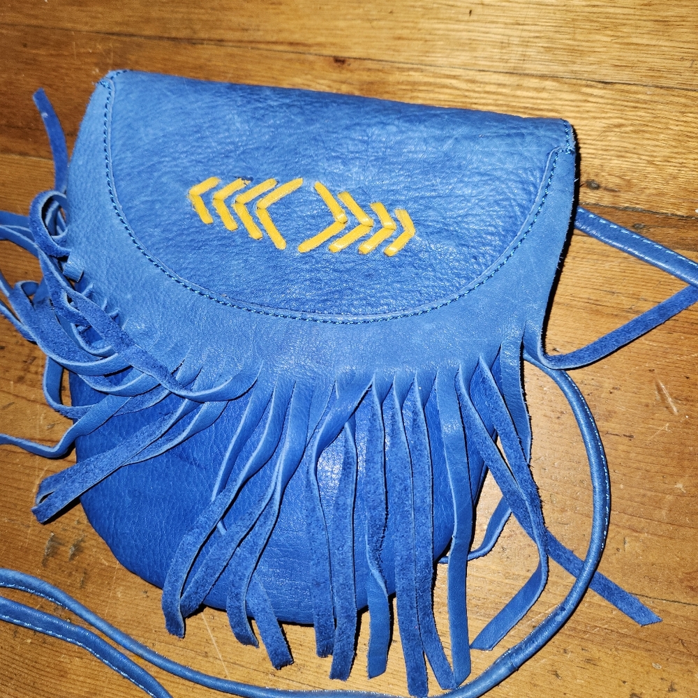 Cut N Paste Blue Genuine Leather Boho Fringed Bag Los Angeles
